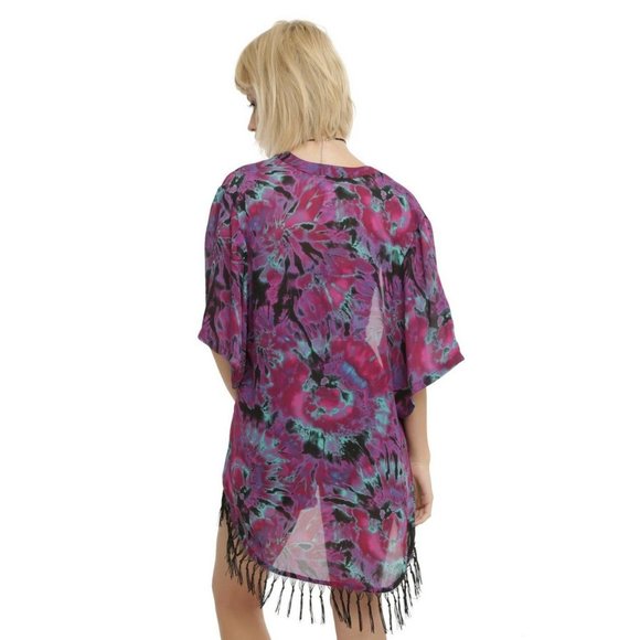 Hot Topic Tie Dye Fringe Kimono Purple Size Medium - Picture 3 of 7